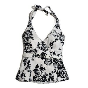 White House Black Market Black & White Floral Belted Bustier Halter Top 0